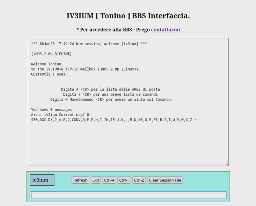 Interfaccia Grafica per gli utenti che si collegano alla BBS via internet. Le stesse modalità e possibilità vengono offerte anche in ax25 packet, ma la modalità grafica sarà più scarna. I primi tre comandi permettono di collegarsi ad altrettandi server Cluster.